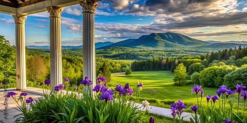 Vermont Landscape: Mount Ascutney, Connecticut River Valley, Irises & Columbines photo