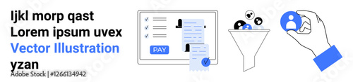 Funnel processing user profiles into documents on a screen with a pay button. Ideal for business efficiency, recruitment, analytics, operations, HR, payments, abstract line flat metaphor