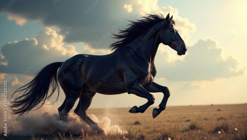 A majestic black horse soars through the air with a burst of speed and power , horses, running, athleticism A majestic black horse soars through the air with a burst of speed and power , horses, running, athleticism