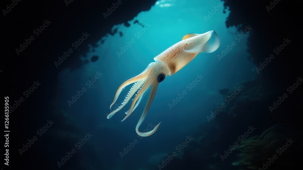 Fototapeta premium view of a squid in the dark sea