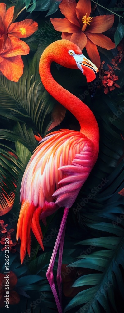 Naklejka premium Flamingo Amidst Lush Tropical Flowers and Foliage