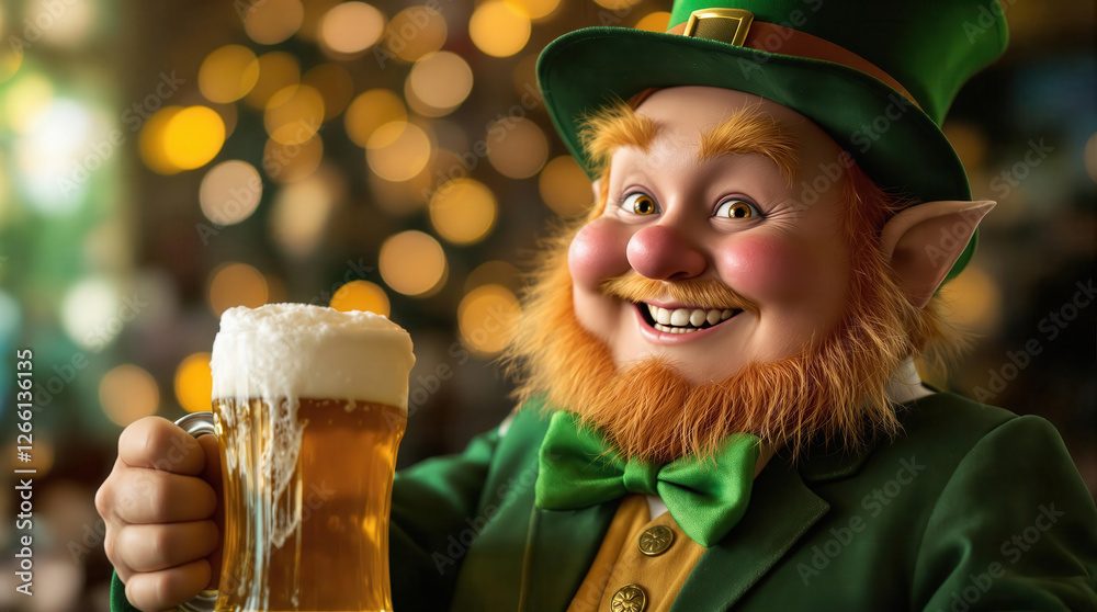 A cheerful leprechaun with frothy beer mug, wearing green hat and suit