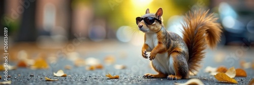A squirrel wearing sunglasses on the street, street, outdoor, city