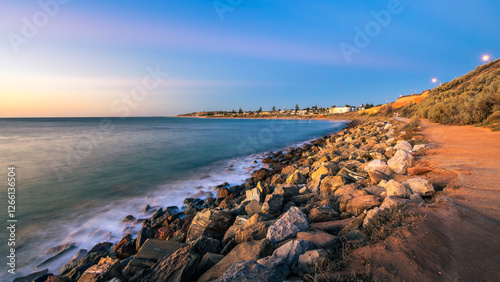 Christies Beach coastline with Witton Bluff trail at dusk while viewed towards the Esplanade