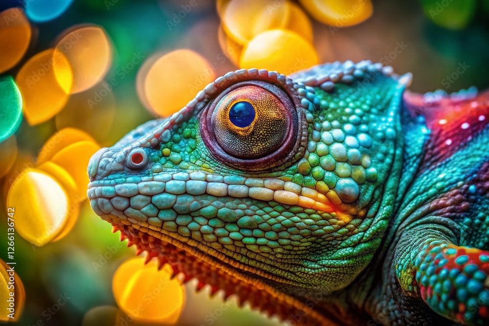 Fototapeta premium Vibrant Chameleon with Bokeh Background, Isolated, Reptile, Exotic Animal, Nature Stock Photo