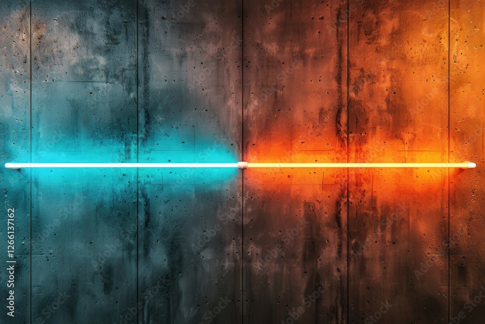 Obraz premium Fiery orange and cool blue neon contrast on a textured cement wall creating a dramatic and intense visual split.