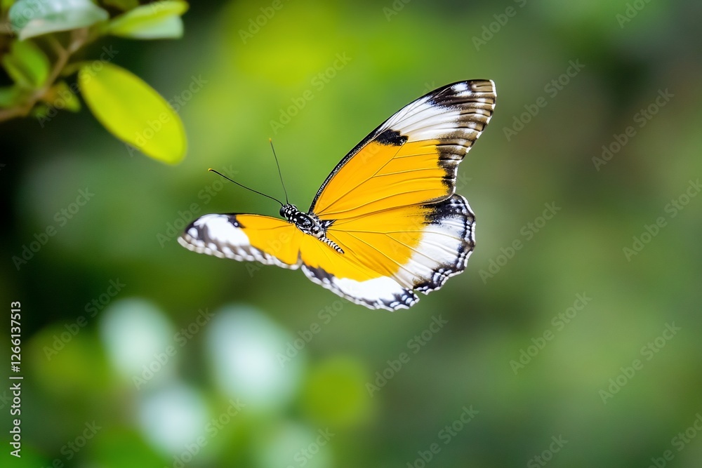 Orange butterfly in flight, green foliage background. Nature stock photo