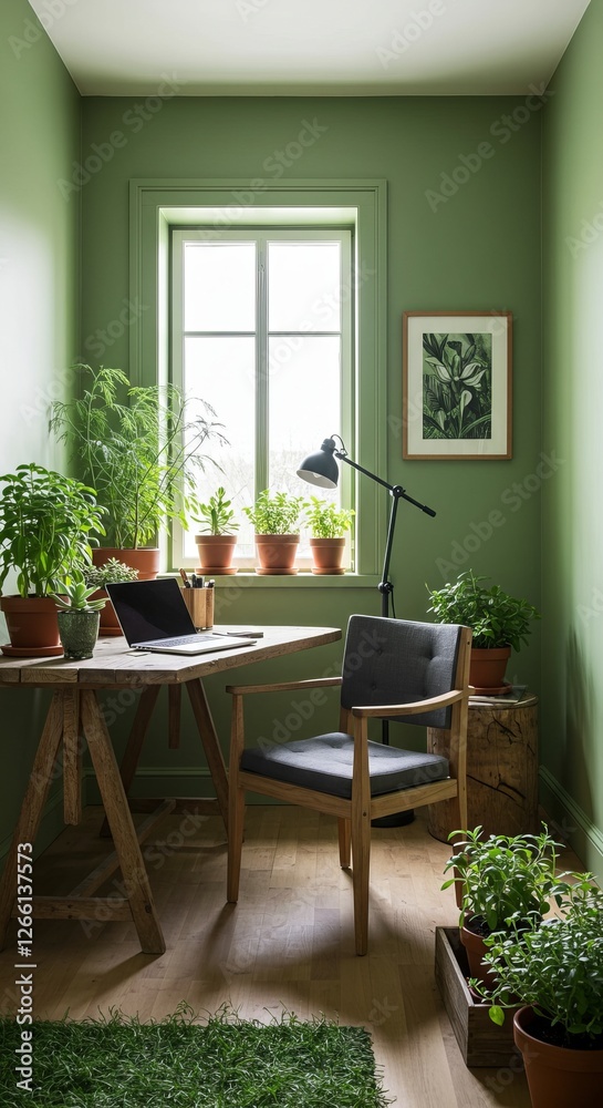 Obraz premium Cozy green home office with indoor plants and wooden furniture