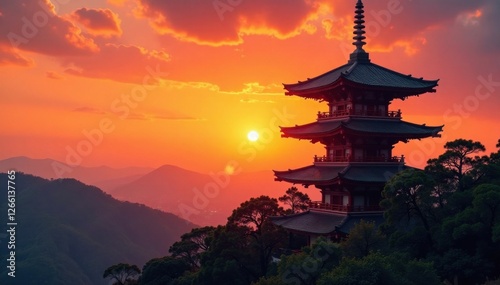 Ancient pagoda stands tall against vibrant orange hues of sunset, peaceful, silhouette, spiritual