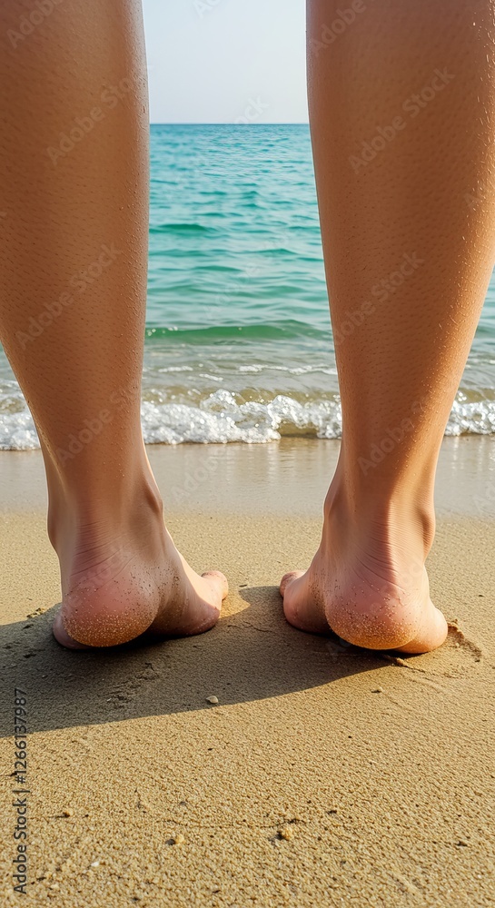 Tranquil beach moment with feet near the ocean shoreline on a sunny day Tranquil beach moment with feet near the ocean shoreline on a sunny day