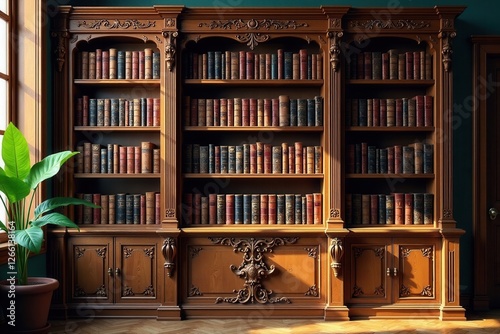 Antique wooden bookshelf with intricate carvings and ornate details, old world charm, rustic elegance, wooden bookcase
