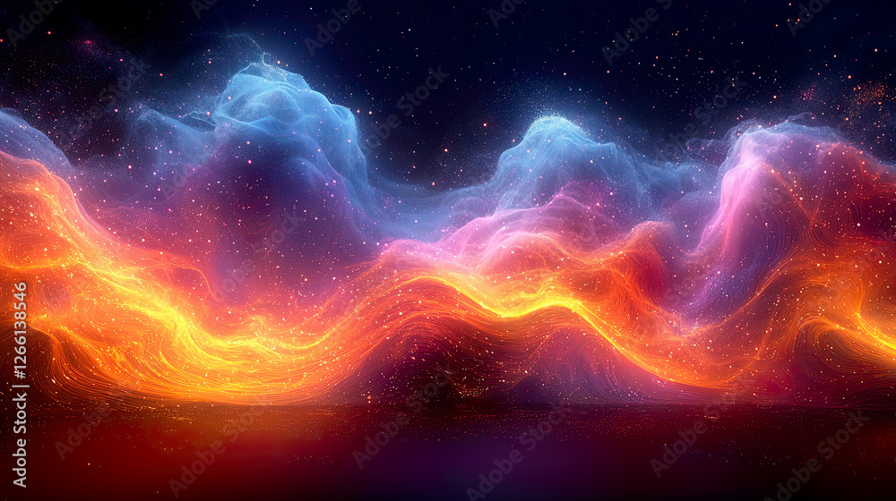 Obraz premium Neon cloud explosion abstract background with glowing particles and waves. Bright neon cloud forming dynamic shapes against dark background. 