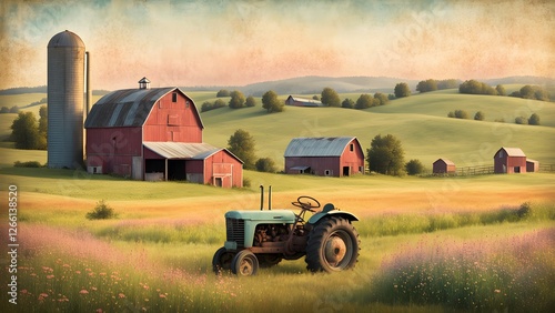 Vintage-style illustration of a tranquil farm scene featuring a weathered teal tractor in a field of wildflowers, with red barns and a silo set against rolling green hills under a soft sunset sky.