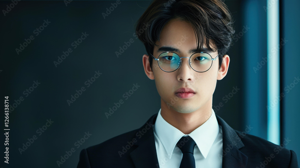 A focused Asian businessman in glasses showcases professionalism while seated in his sleek, modern office environment. A focused Asian businessman in glasses showcases professionalism while seated in his sleek, modern office environment.