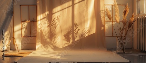 Golden-hour light paints shadows on neutral backdrops in this cozy minimalist studio, framed by dry grass and wood details creating warm ambience. photo