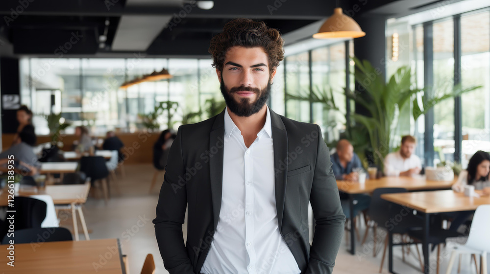 Fototapeta premium A charming CEO exudes confidence with a warm smile, showcasing leadership and success in a dynamic business environment.