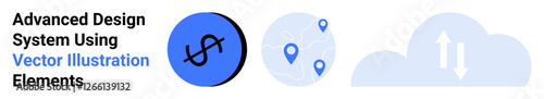 Technology-driven graphic with location markers on a globe, synchronized cloud data exchange, and abstract line design. Ideal for tech, innovation, connectivity, data sharing, navigation, cloud