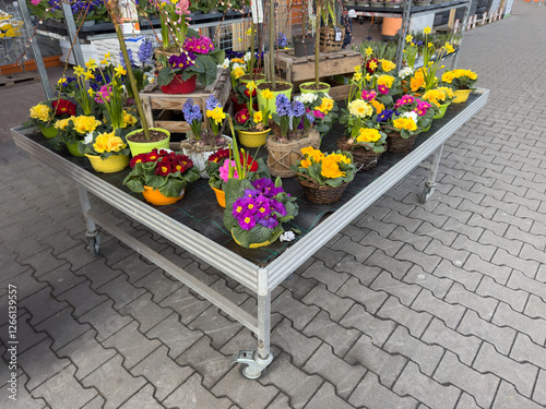 Flowers and plants for sale in a garden market in spring