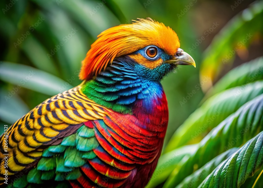 Obraz premium Vibrant Green Tropical Bird Close-Up: Lush Rainforest Avian Wildlife