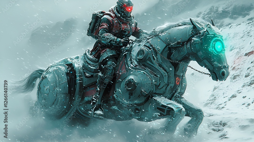 Naklejka premium Futuristic knight, robotic steed, snowy mountains, blizzard, sci-fi adventure