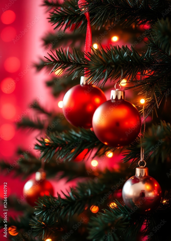 Fototapeta premium Christmas tree in red shiny glittering background - baubles hanging on fir with abstract lights bokeh red bokeh abstract background glow design light texture effect sparkle
