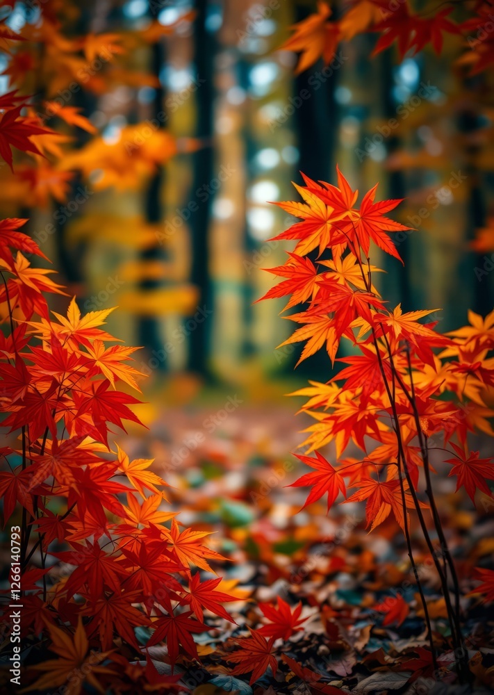 Vibrant autumn maple leaves in orange red and yellow colors on the forest floor bokeh red bokeh abstract background glow design light texture effect sparkle Vibrant autumn maple leaves in orange red and yellow colors on the forest floor bokeh red bokeh abstract background glow design light texture effect sparkle