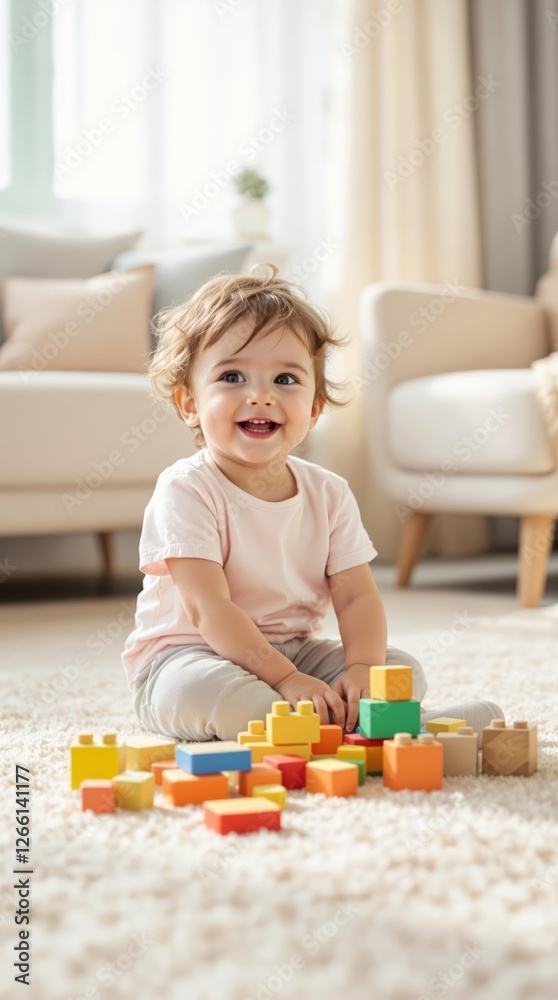 Happy toddler playing with colorful building blocks in cozy living room setting Happy toddler playing with colorful building blocks in cozy living room setting