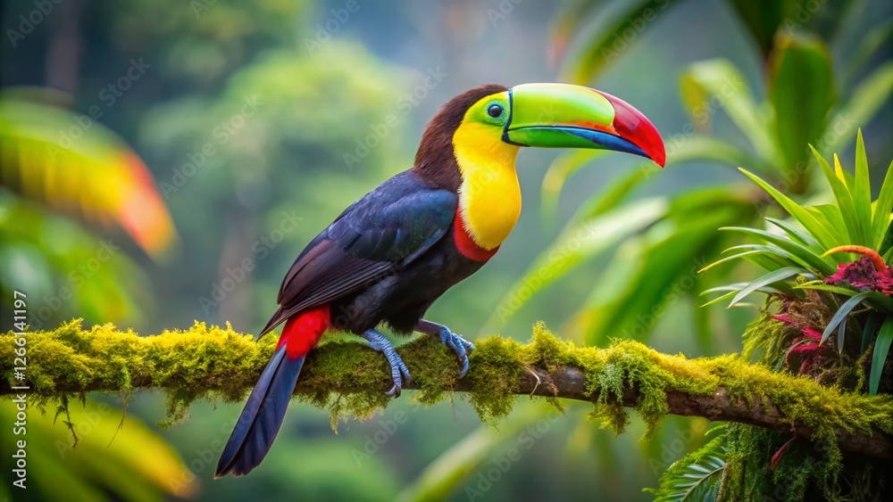 Fototapeta premium Vibrant Keel-billed Toucan in Rainforest Canopy - PNG Stock Photo