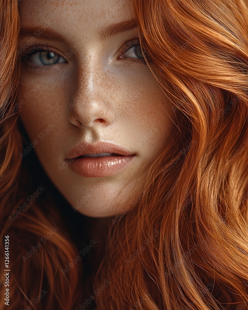 Obraz premium Portrait of a red haired woman with freckles smiling, for beauty products