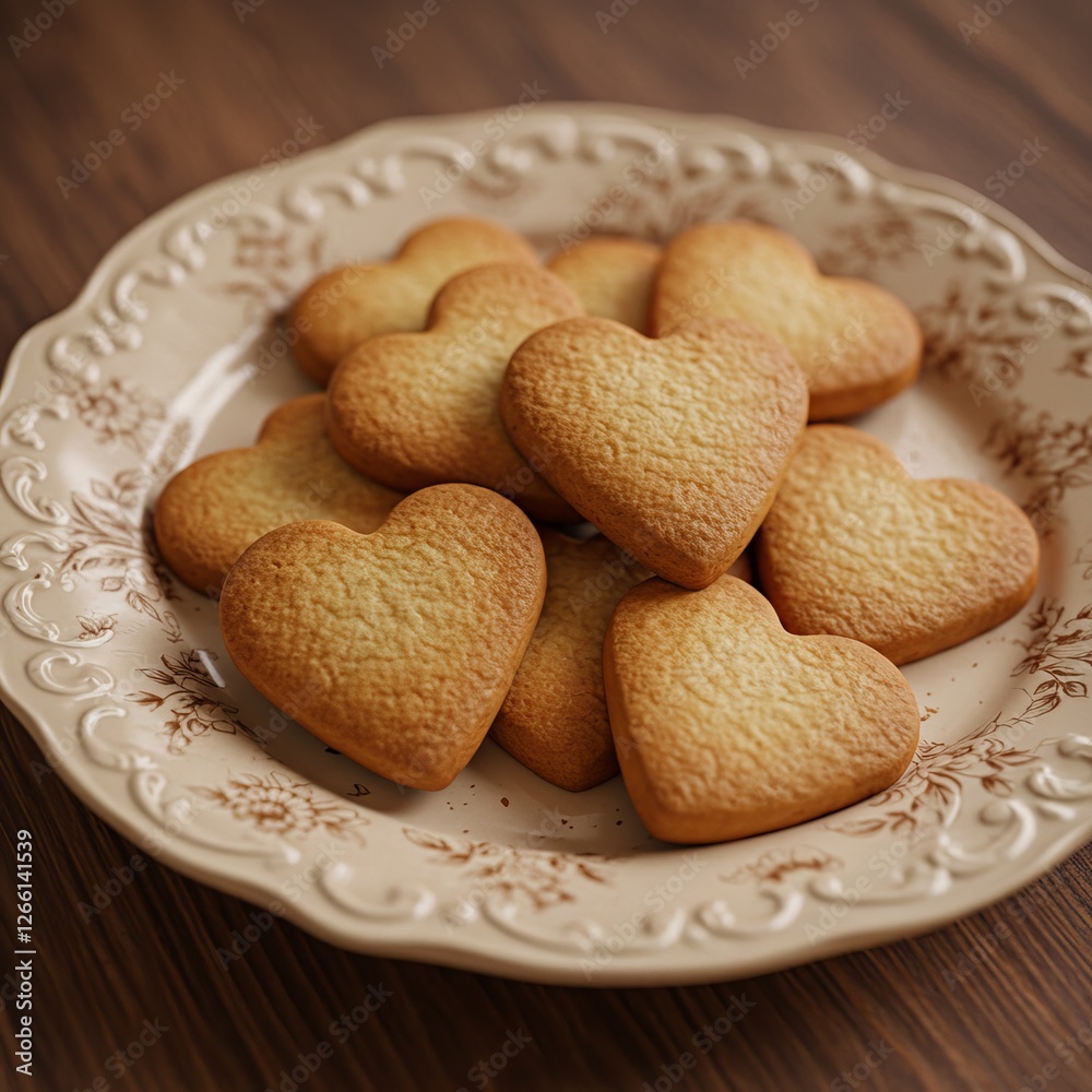 Heart-shaped sugar cookies on ornate plate Heart-shaped sugar cookies on ornate plate