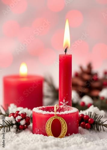 Fourth sunday of advent red candle with golden metal number tfour red decoration one on snow isolated background bokeh red bokeh abstract background glow design light texture effect sparkle
