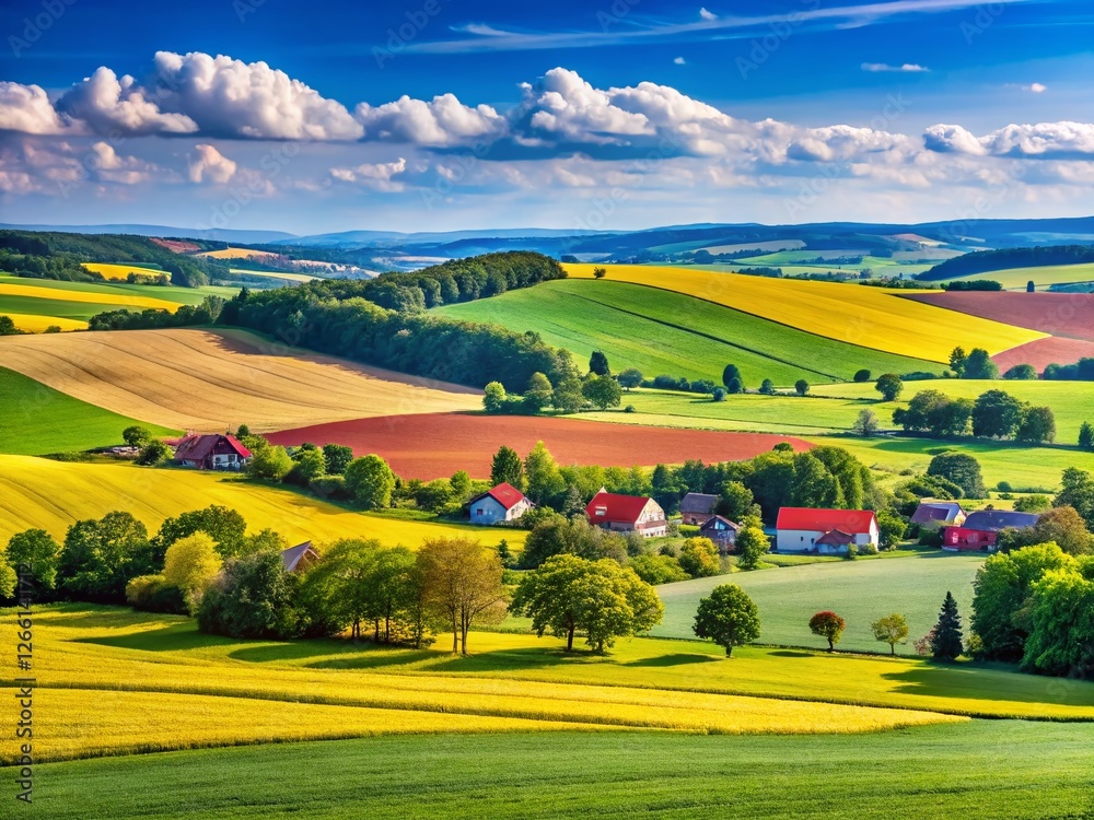 Obraz premium Vibrant Mecklenburg-Vorpommern Landscape: Colorful Fields and Rolling Hills