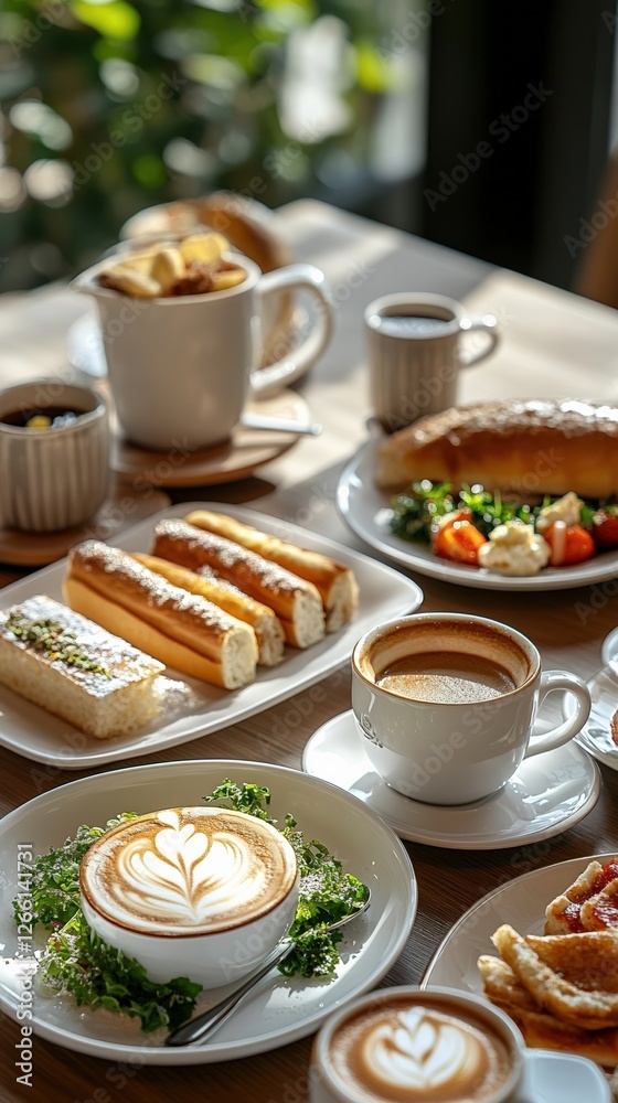 Delicious breakfast with pastries and coffee is served on a wooden table Delicious breakfast with pastries and coffee is served on a wooden table