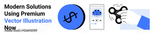 Bold currency icon, smartphone interface with media playback, hand spinning fidget toy. Ideal for technology, finance, digital innovation, productivity, lifestyle, mindfulness flat landing page