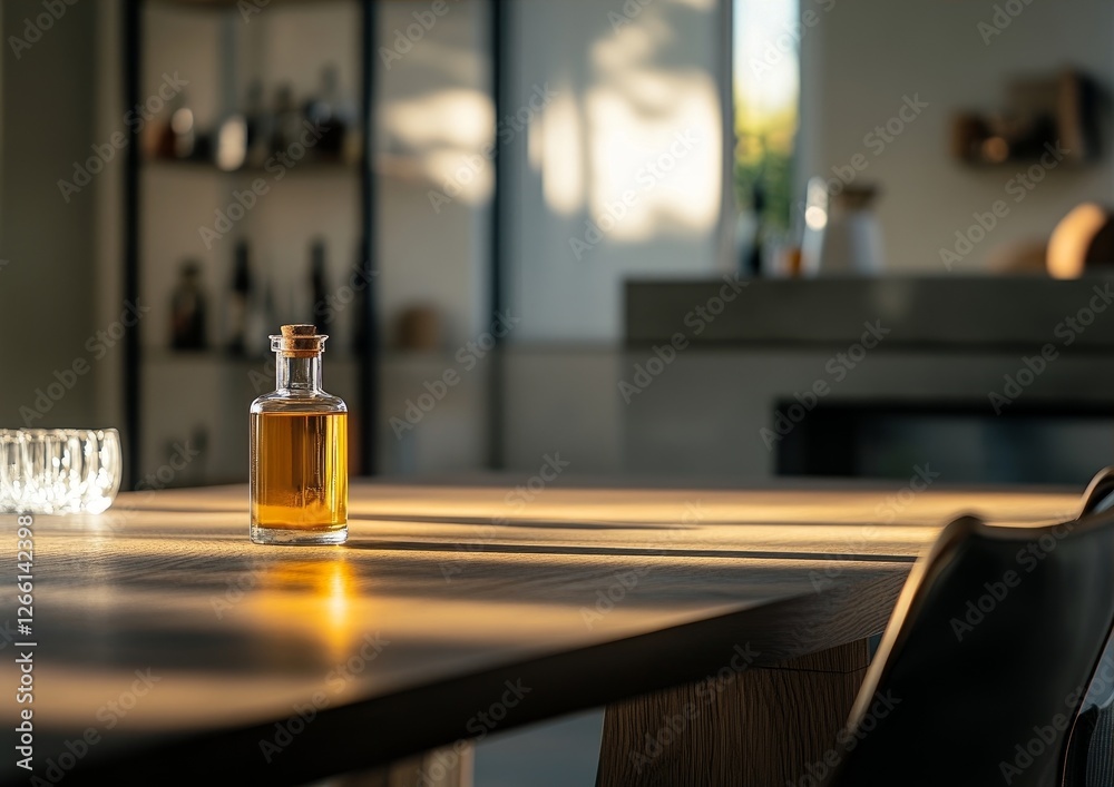 nordic minimalist designed table with a sleek bottle of sesame oil as the focus nordic minimalist designed table with a sleek bottle of sesame oil as the focus