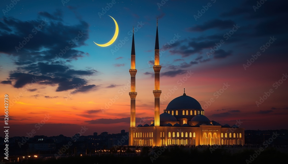 Naklejka premium Illuminated Mosque at Dusk with Crescent Moon during Ramadan Nights