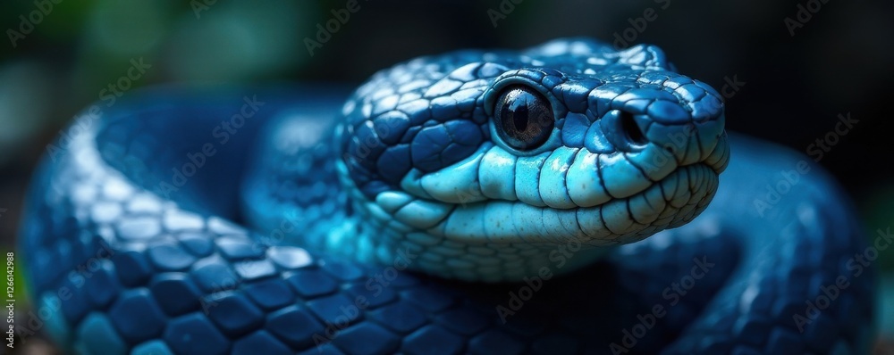 Fototapeta premium Blue venomous snake's face in close-up with sharp teeth , blue viper snake, closeup, blue