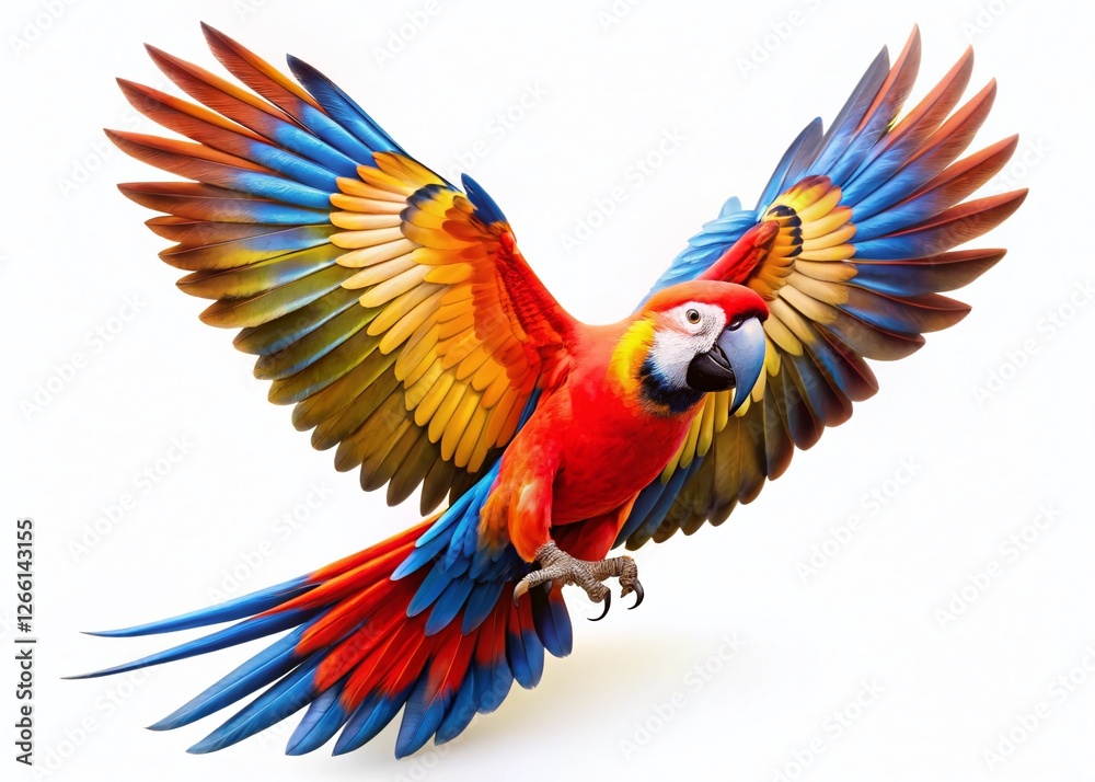 Fototapeta premium Vibrant Parrot in Flight, Isolated on White Background - Stock Photo