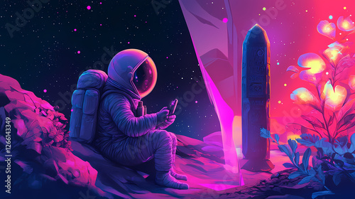 Astronaut discovering mysterious ancient artifact holding secrets of the universe. Intergalactic Artifacts. Illustration