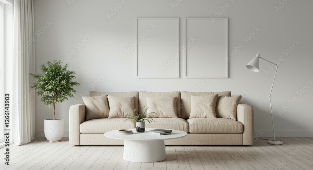 Minimalist living room, neutral tones, beige sofa, white walls, wooden coffee table, potted plants, abstract wall art, natural light, contemporary interior design, cozy atmosphere, clean lines, textur Minimalist living room, neutral tones, beige sofa, white walls, wooden coffee table, potted plants, abstract wall art, natural light, contemporary interior design, cozy atmosphere, clean lines, textur