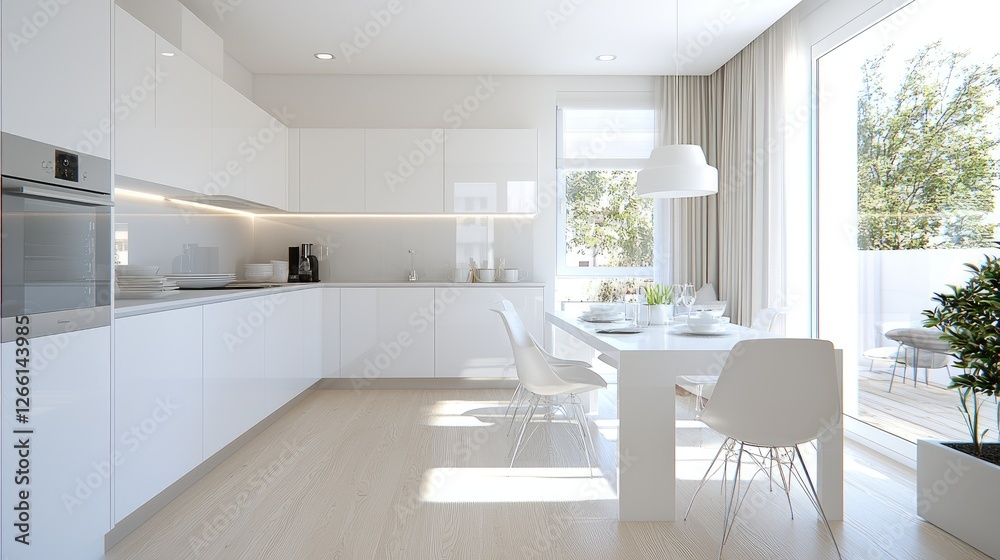 Fototapeta premium Modern white kitchen dining area, sunny balcony view