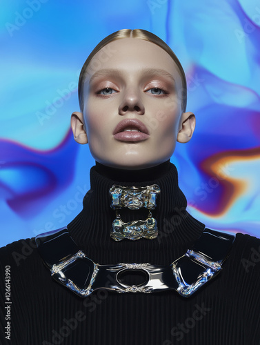 Studio portrait of a fashion model wearing a futuristic metallic choker and a dark turtleneck, posing against a vibrant, abstract background with swirling colors of blue, orange