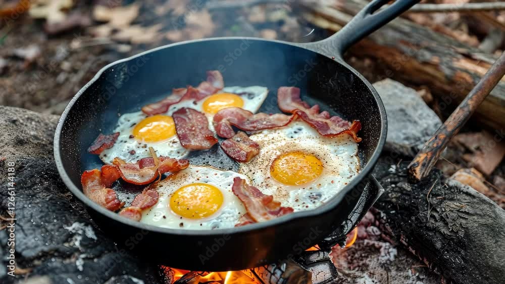 bacon and eggs sizzling in a cast iron skillet, Ai Generated. bacon and eggs sizzling in a cast iron skillet, Ai Generated.