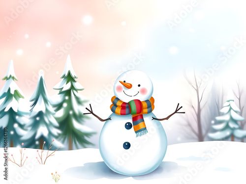 Happy smiling snowman in a snowy winter day, snowflakes. A cheerful snowman with a carrot nose and coal buttons stands in a snowy landscape. It wears a colorful striped scarf, surrounded by snow-cover