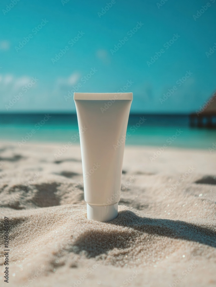 Cosmetics cream tube on sandy beach with ocean view in bright sunlight. Generative AI Cosmetics cream tube on sandy beach with ocean view in bright sunlight. Generative AI