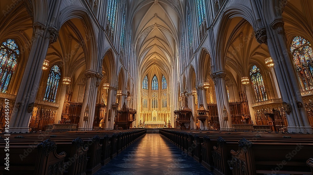 Fototapeta premium Majestic Cathedral Interior With Tall Columns And Stained Glass
