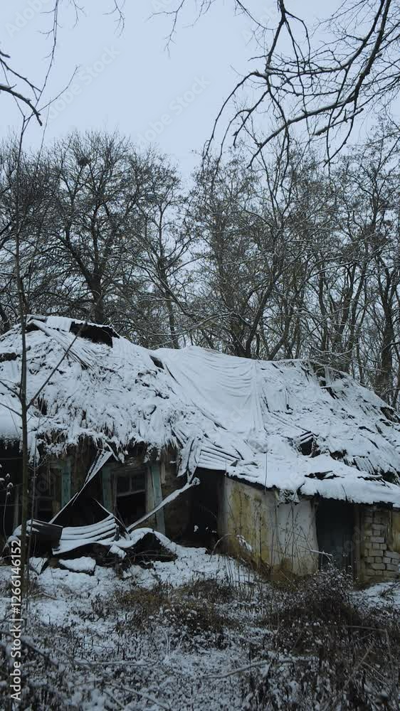 Old abandoned house,winter video landscape, house with damaged, winter day in the woodlands with old cabin. Snow covered trees . Mysterious place 