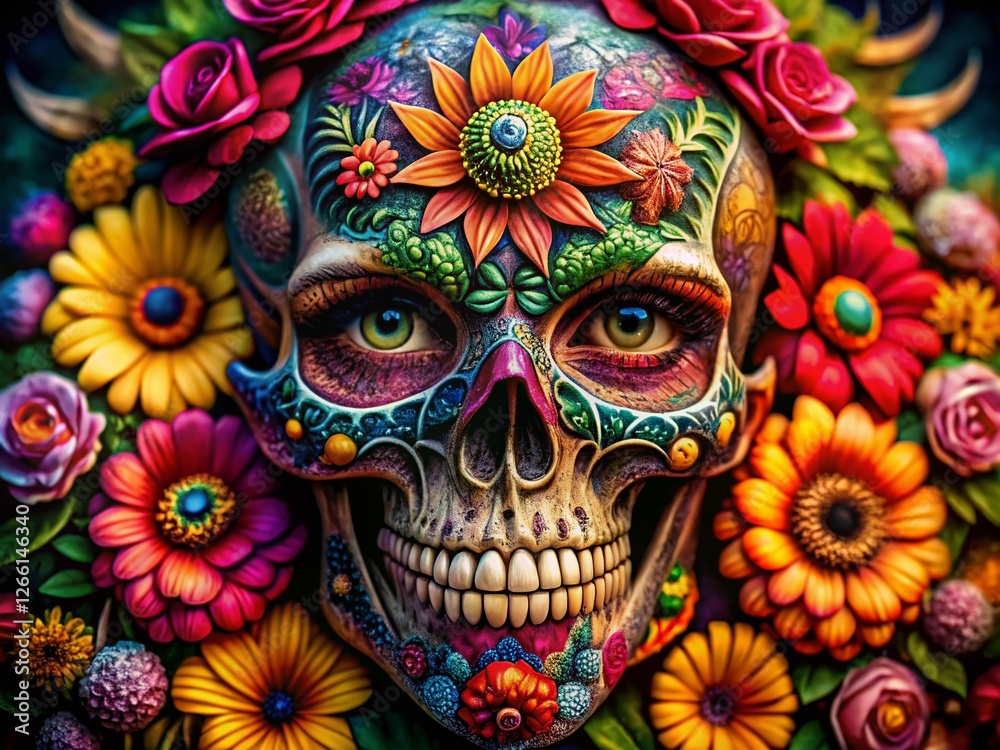 Vibrant Skull Tattoo with Colorful Flowers - High Detail Body Art Stock Photo Vibrant Skull Tattoo with Colorful Flowers - High Detail Body Art Stock Photo