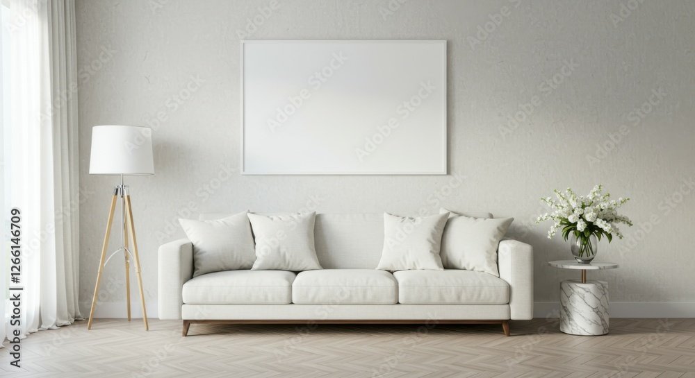 Fototapeta premium modern minimalist living room, white walls, grey sofa, blank canvas frame, side table, table lamp, vase with white flowers, hardwood floor, natural light, clean lines, neutral color palette, scandinav