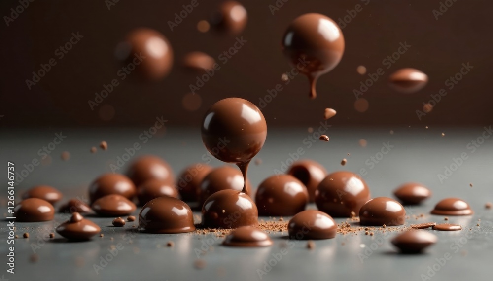 Naklejka premium Chocolate drops falling horizontally on a table surface , chocolate, fall, drops